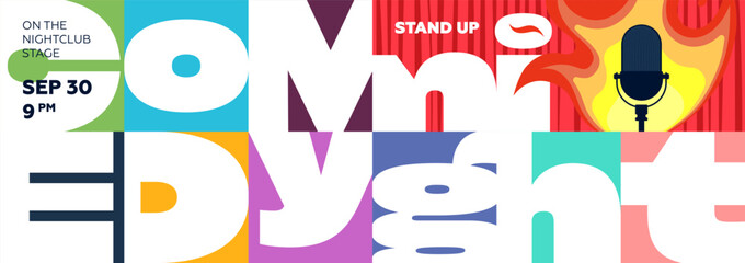 Eye catching stand up comedy night template with abstract visuals, creative typography and entertainment elements. Suitable for open mic contests, festivals and theatrical performances.