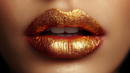 A detailed close up view of beautiful stunning golden make up woman's lips. Golden dust on the face. Make up mystical concept. Golden shiny skin. Portrait of professional metallic makeup