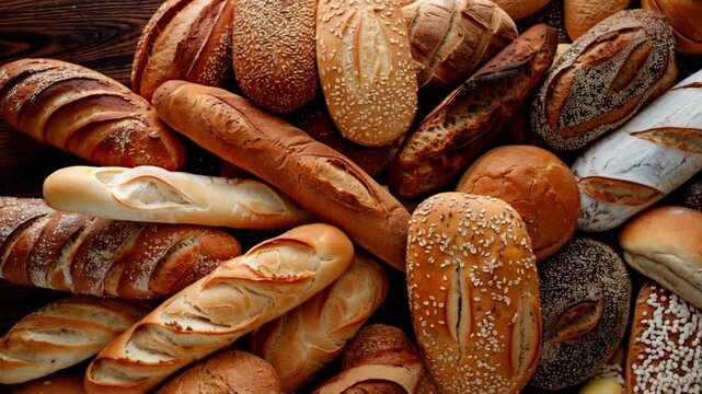 Assortment of fresh baked bread loaves close up. Food concept motion footage for bakers, restaurants, groceries, and healthy eating. Full frame video clip.