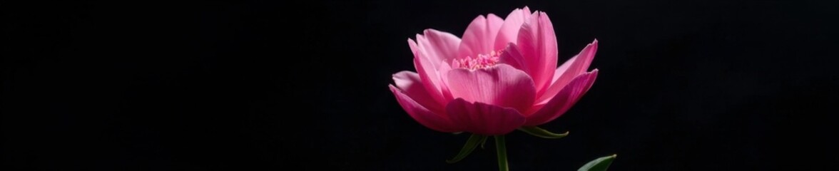 Obraz premium Low-key exposure of pink peony in dark environment, black background, petals