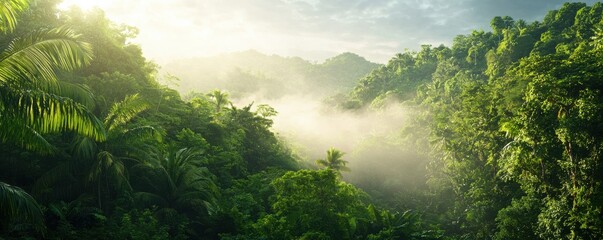 A lush, green jungle landscape bathed in soft sunlight, with mist weaving through the trees, creating a serene and tranquil atmosphere.