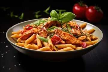 Italian style Bolognese pasta with chicken tomatoes and basil on a wooden table