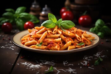 Italian style Bolognese pasta with chicken tomatoes and basil on a wooden table