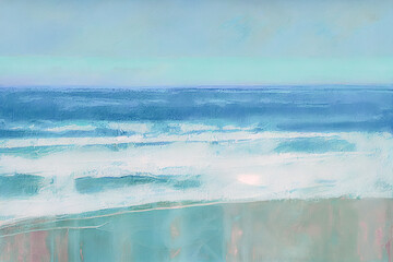 an impressionism abstract oil painting with thick impasto brush strokes background of blue green gentle waves on a sandy beach 