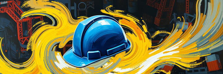 Blue construction helmet on a vibrant swirl of yellow and dark colors representing industrial work and safety in a constructive mood