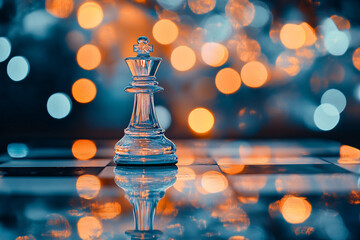 Glass chess on a reflective chessboard, surrounded by warm and cool bokeh lights, symbolizing strategy, elegance, and intellectual games in a glowing ambiance