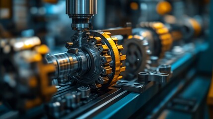 Obraz premium A close-up of a CNC machine tool in an industrial setting. Perfect for manufacturing, engineering, and advanced technology visuals.