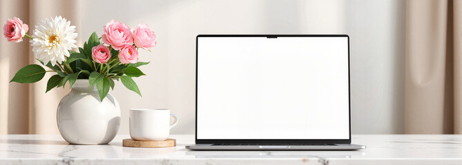 Laptop mockup with flowers and coffee on a marble table