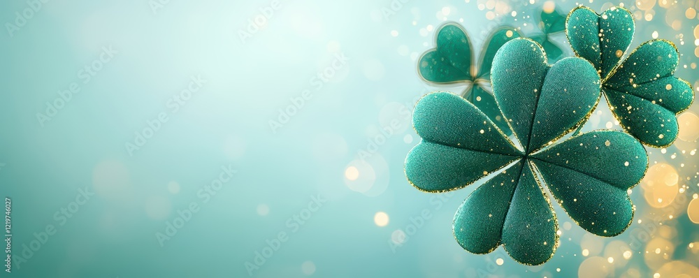 Poster sparkling green four-leaf clovers with bokeh background
