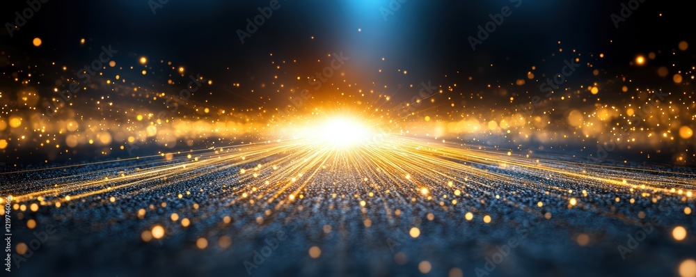 Poster glowing abstract burst of light and sparkling particles on dark surface