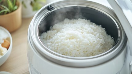 Modern rice cooker with freshly cooked rice. Emphasizing convenience and modern cooking technology. Ideal for appliance advertisements and cooking blogs.