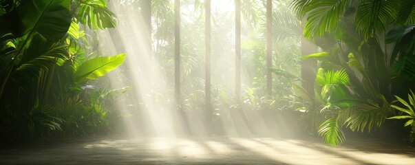 A serene forest scene with sunlight streaming through trees, illuminating lush greenery and creating a peaceful, magical atmosphere.