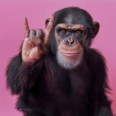Fototapeta premium A playful chimpanzee making a rock hand gesture on a pink background, blending humor and personality in a fun and creative portrait.