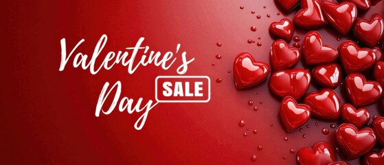 Valentines Day Sale banner with glossy red hearts on a vibrant red background Perfect for Valentines Day promotions, love, romance, and special offers