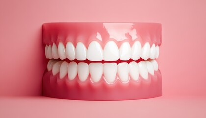 Obraz premium Large model of human teeth on pink background highlighting dental health
