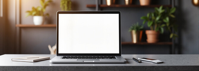 Laptop mockup on desk with notebook and smartphone in modern setting