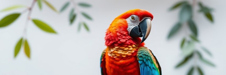 Fototapeta premium Colorful macaw parrot perched elegantly, exuding a vibrant and lively mood, showcasing its striking plumage against a soft natural backdrop