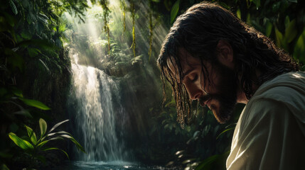 Jesus Praying in the Sacred Waterfall Garden

