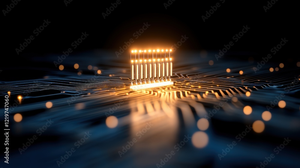 Poster glowing microchip circuit board with led lights in futuristic setting