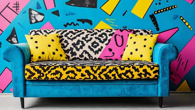 Vibrant sofa design with leopard and polka dot patterns against a colorful geometric mural backdrop