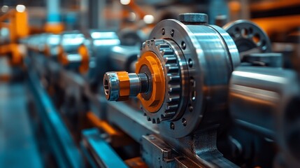 Fototapeta premium A close-up of a CNC machine tool in an industrial setting. Perfect for manufacturing, engineering, and advanced technology visuals.