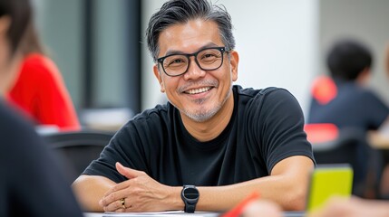 Asian adult male smiling in classroom setting wearing glasses and black shirt
