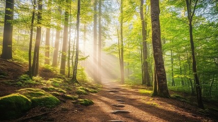Serene Morning Light in Forest Pathway