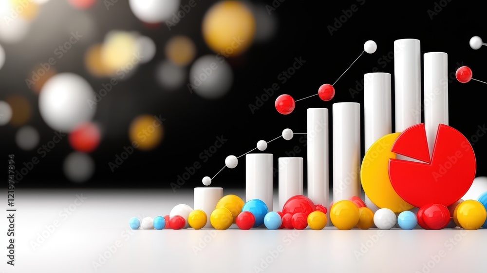 Aufkleber colorful 3d bar and pie charts with data points on black background