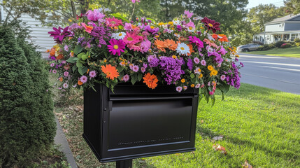 Stylish Mailbox Adorned with Fresh Flowers, Standing Proudly at the Curb, Anticipating the Arrival of Newspapers, Parcels, and Letters