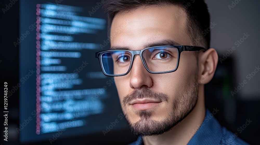 Aufkleber young caucasian male coder with glasses focused on computer screen