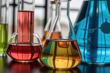a group of glassware sitting on top of a table, analytical art, glowing rainbow neon ink, in laboratory, detail shot, glowing oil
