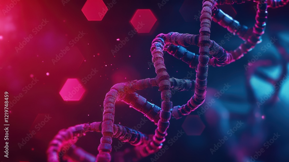 Poster glowing dna helix with red and blue hexagonal background