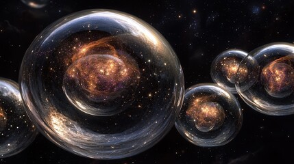 A serene cosmic scene of transparent bubble-like structures containing shimmering