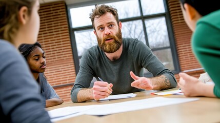 Fototapeta premium Caucasian male adult leading group discussion with young diverse participants