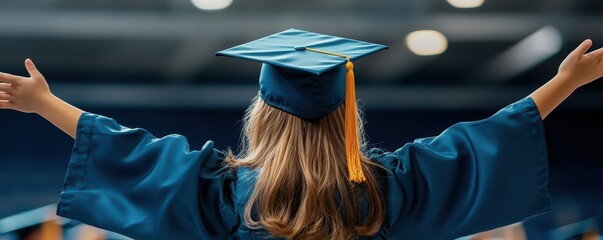 Female graduate celebrating achievement in cap and gown