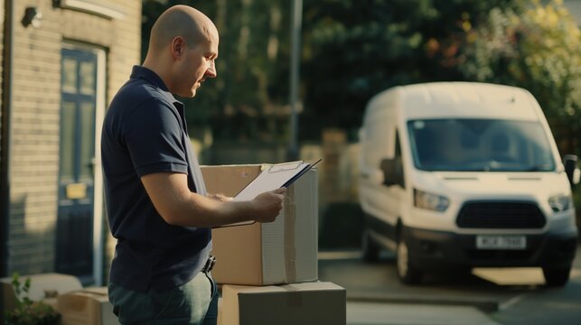 Delivery worker near van checking order in urban setting, professional logistics service - Powered by Adobe