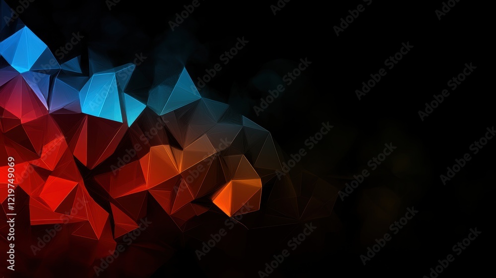 Poster vibrant abstract geometric pattern with red and blue polygons on black background