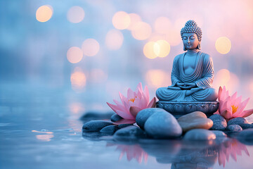Tranquil Buddha Statue Surrounded by Lotus Flowers and Smooth Stones in a Reflective Water Garden, Perfect for Meditation and Zen-Inspired Spaces