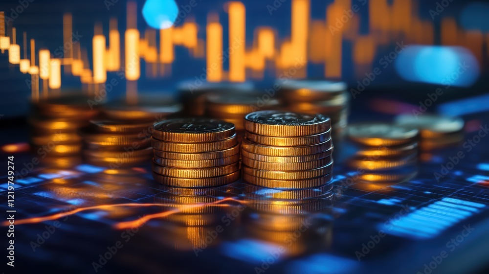 Poster stacks of coins on digital display with stock market graphs and orange lighting