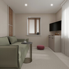 Small cozy room in beige and olivegreen burgundy accents