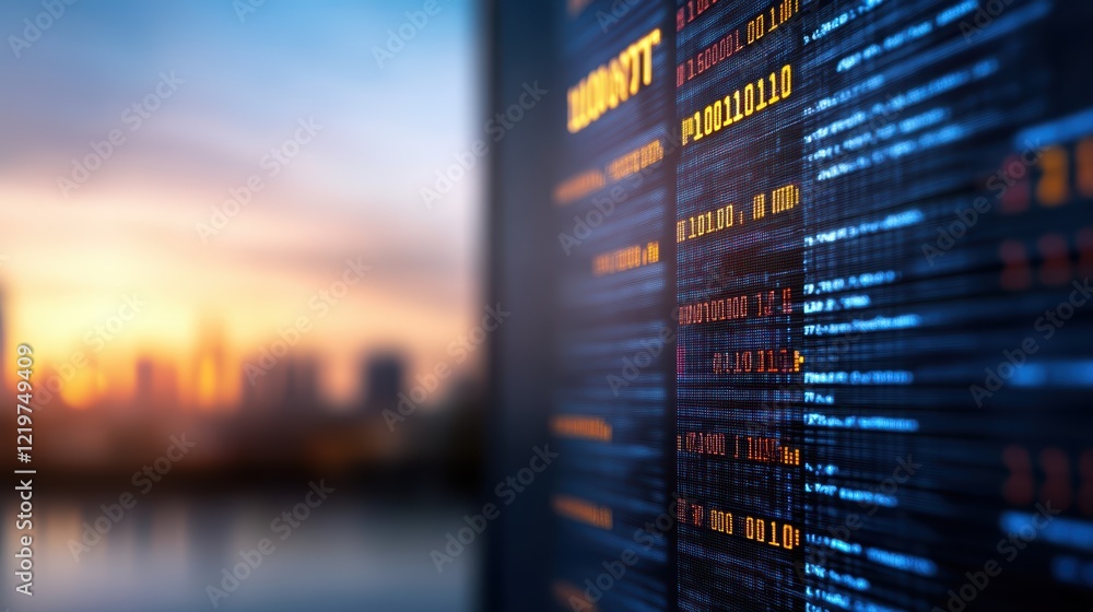 Aufkleber digital data streams flowing on screen with urban sunset backdrop