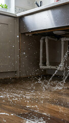 Leaking pipe flooded kitchen floor. Troubleshooting concept, accident, breakout, call a plumber, services, home maintenance, emergency service, repair, help, splashing water, kitchen sink