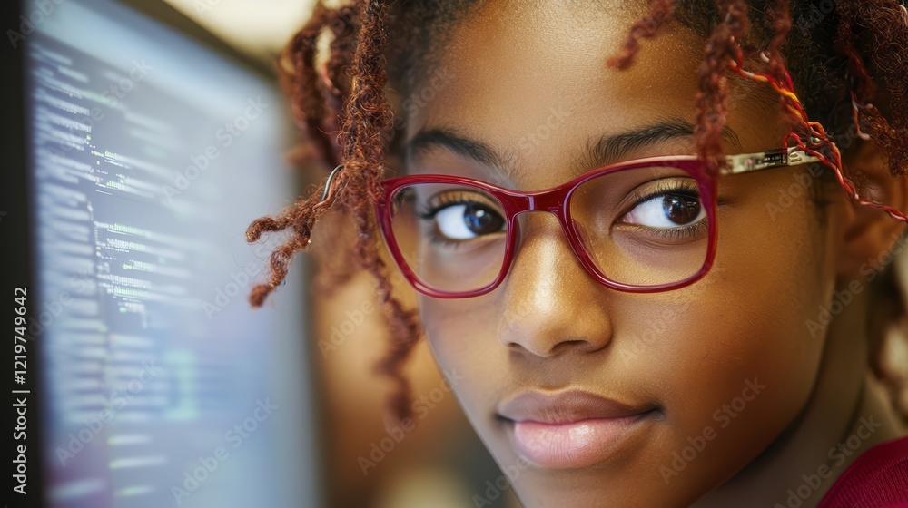 Poster young african female programmer focused on coding with red glasses
