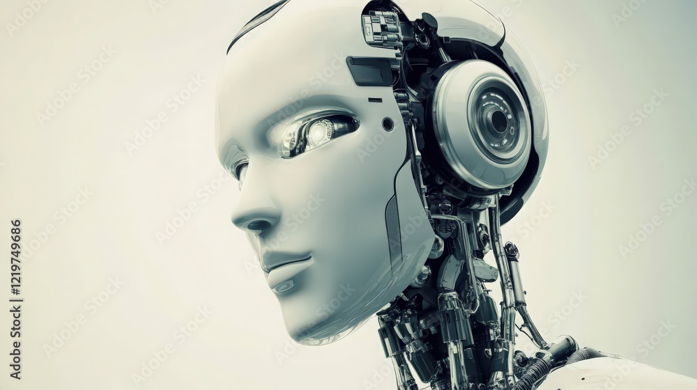 Poster close-up view of a white humanoid robot head with visible internal mechanics on a plain background