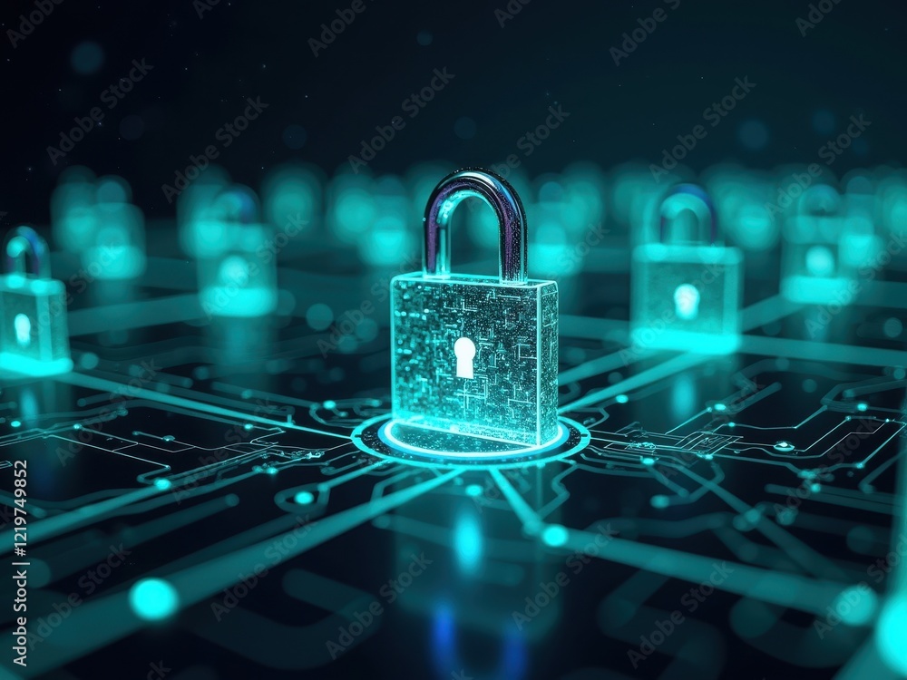 Poster innovative cybersecurity design illustrating digital locks within a network symbolizing data protect