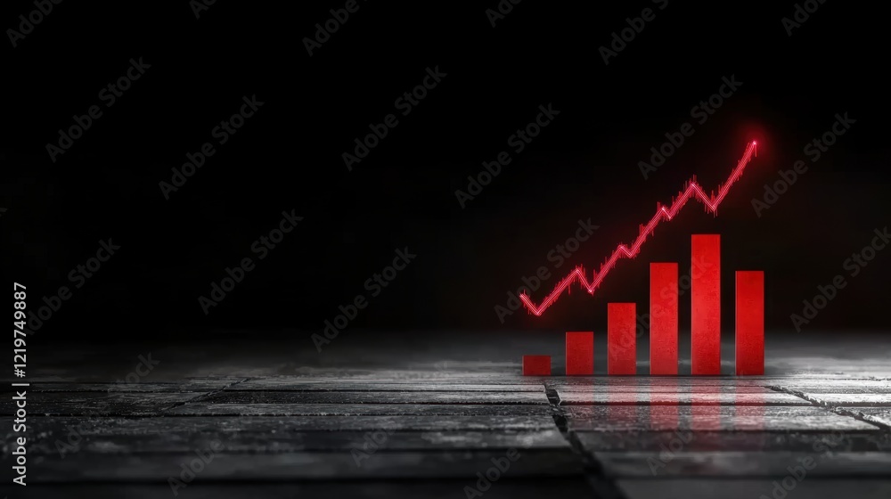 Poster rising red bar graph with trend line on dark background