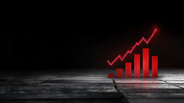 Rising red bar graph with trend line on dark background