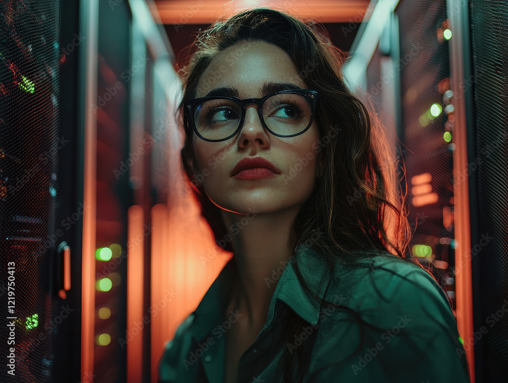 Poster monitoring server health and firewall performance by a female it security expert in a high-tech envi
