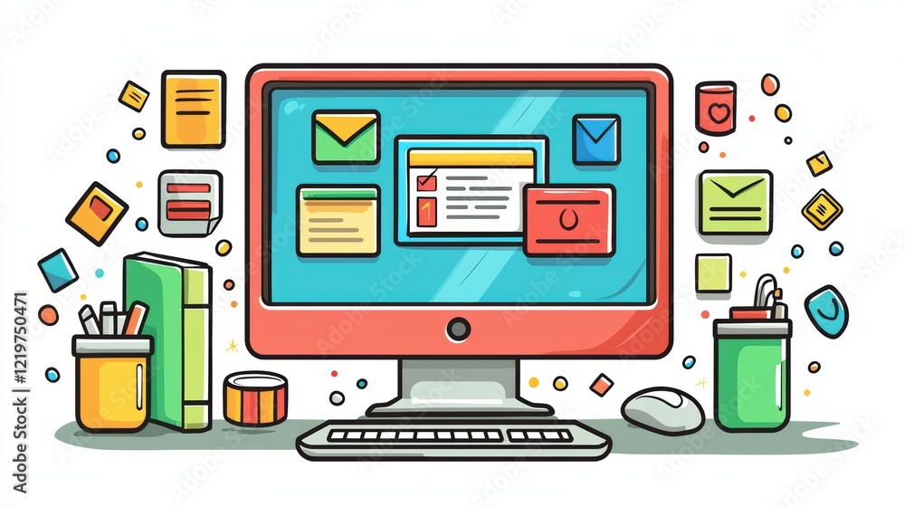 Poster colorful computer screen with email app and stationery items around