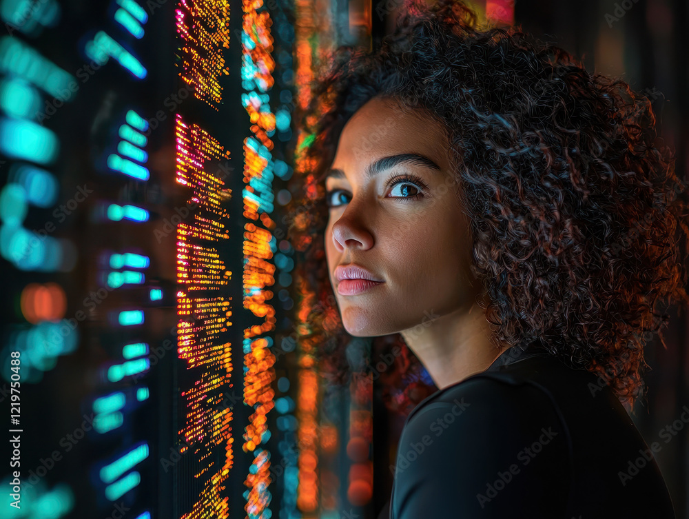 Poster female it security specialist enhancing data encryption with holographic terminal in a high-tech env